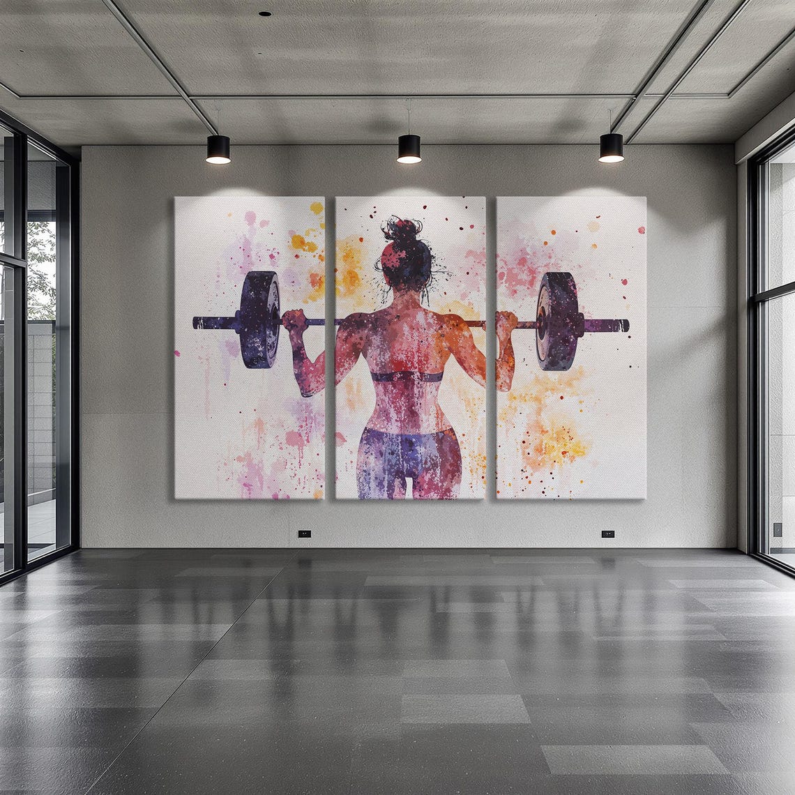 Woman Barbell Squat From Behind Watercolor Splash Style Poster - Image 6