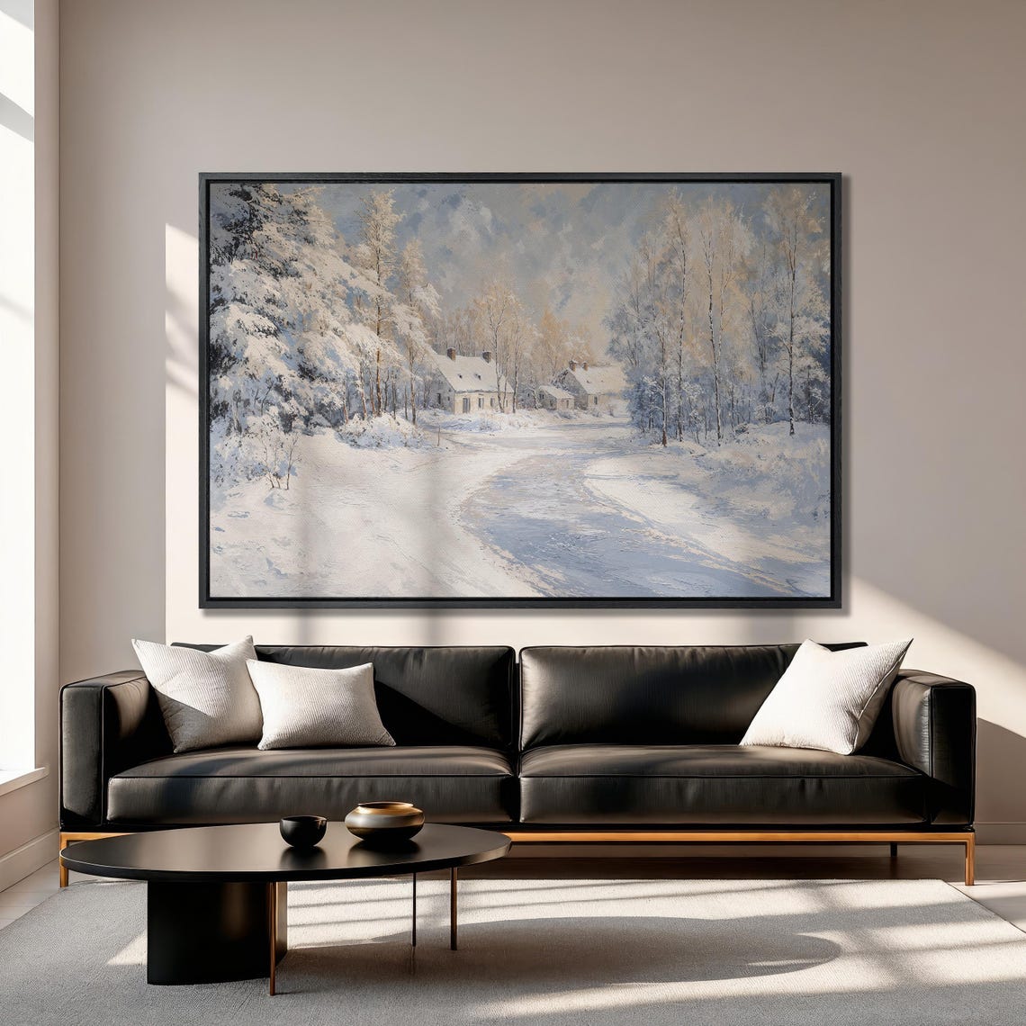Snowy Trees And Village By Road Framed Print Cozy Cabins In Forest Painting Winter Home Decor Nature Lover Gift Ready To Hang - Image 3