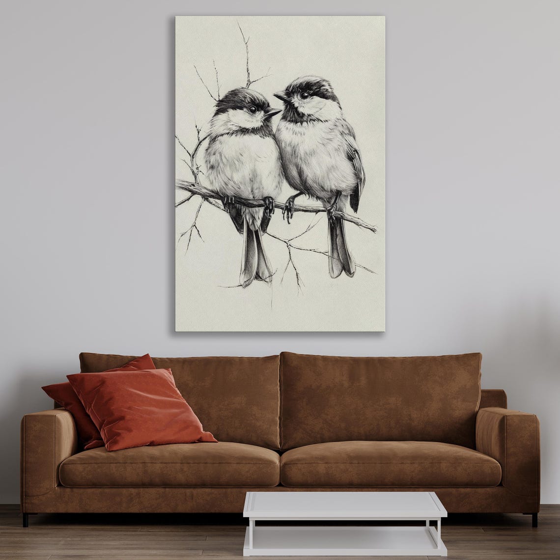 Two Fluffy Chickadees Perched Sketch Black and White Art Poster - Image 2