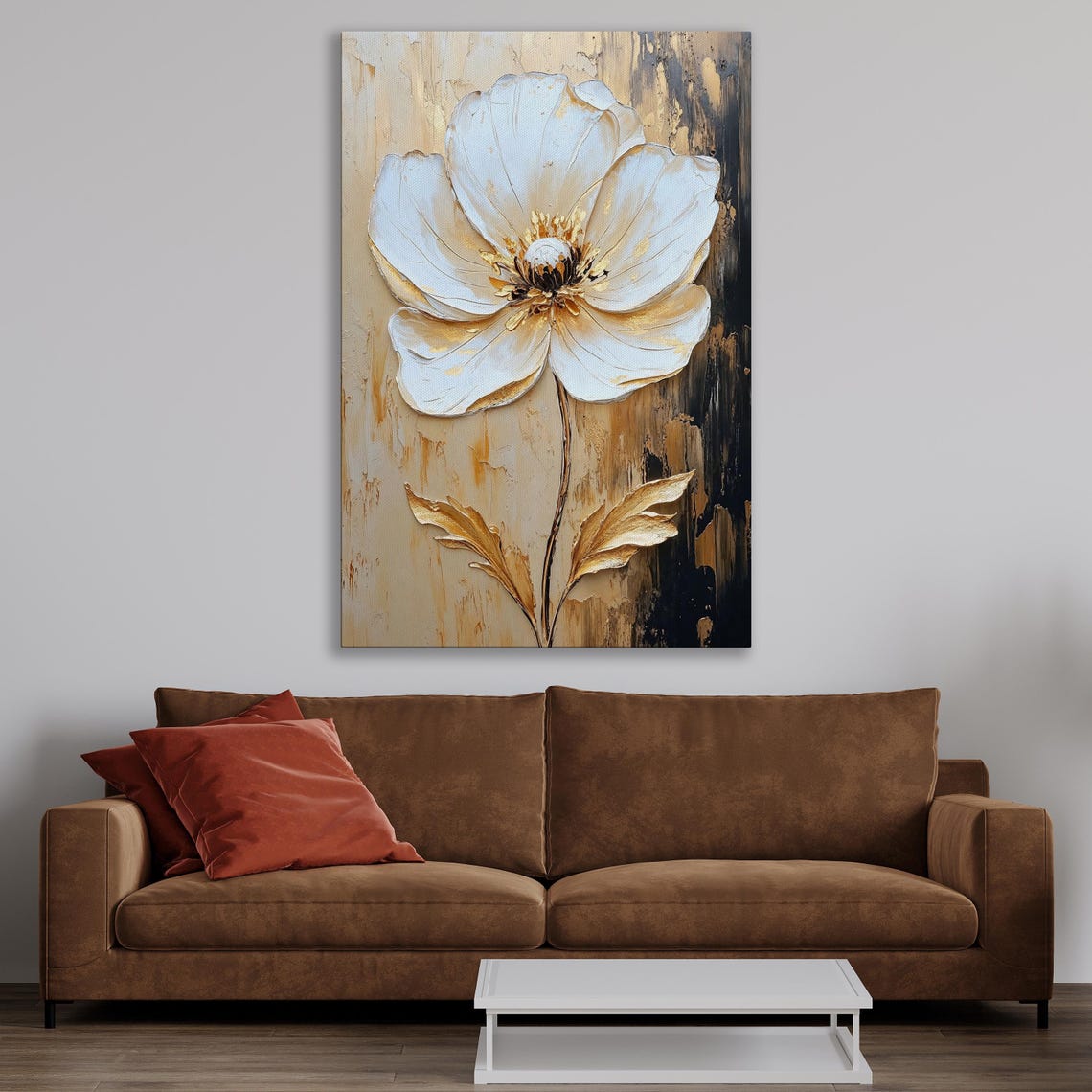 Large White And Gold Textured Floral Bloom Impasto Painting Poster - Image 3