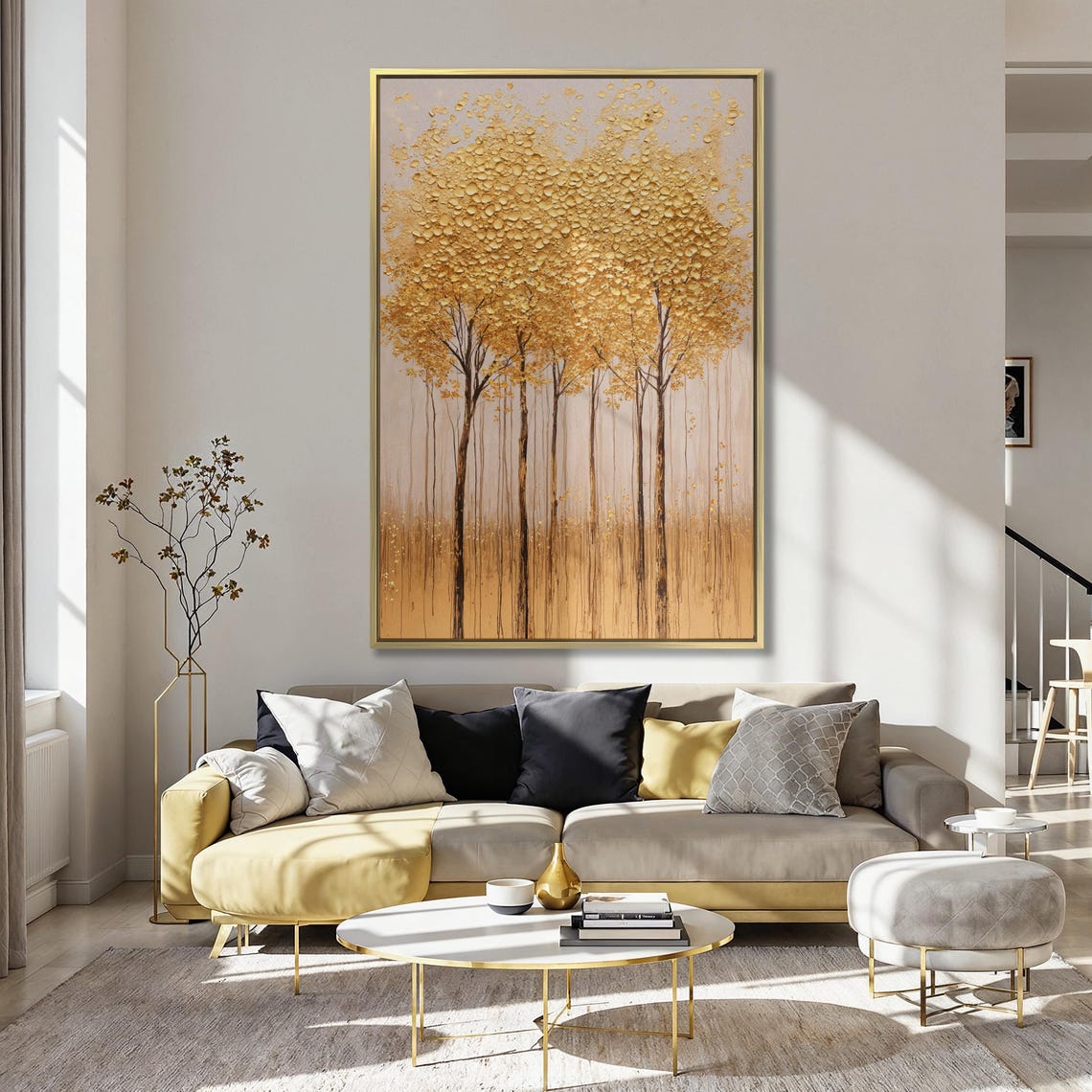 Five Textured Golden Trees on a Pale Abstract Background Wall Art - Image 5