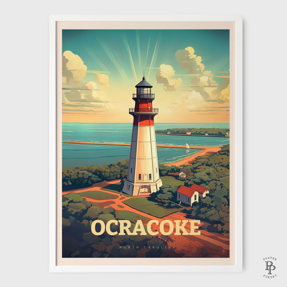 Ocracoke North Carolina Lighthouse Island Sunset Coastal Travel Poster - Image 2