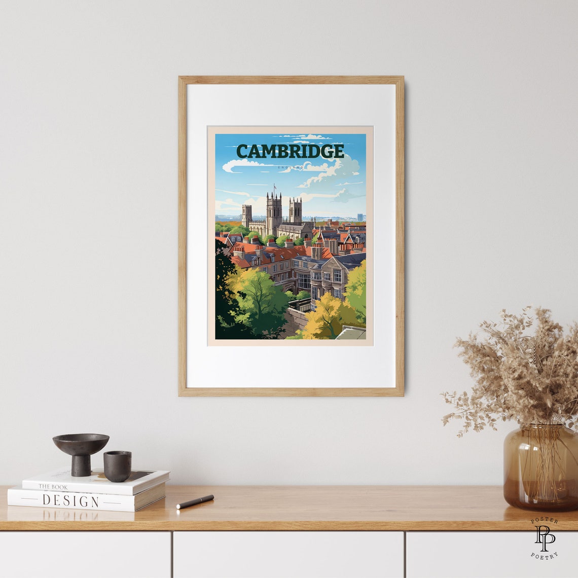 Cambridge England Kings College Chapel Rooftops Skyline Travel Poster - Image 3