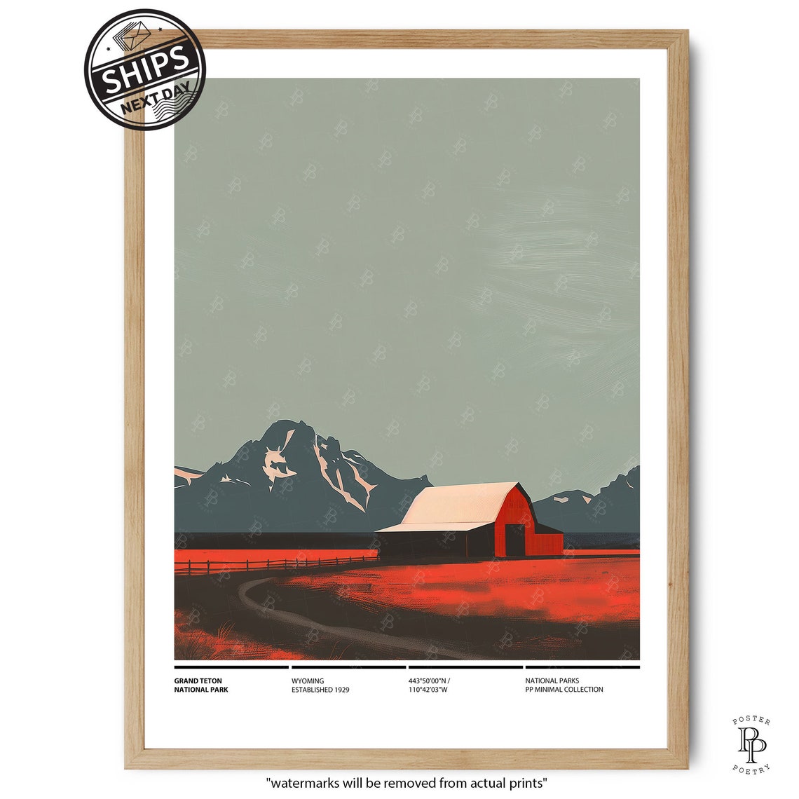 Grand Teton National Park Wyoming Red Barn Minimalist Art Print
