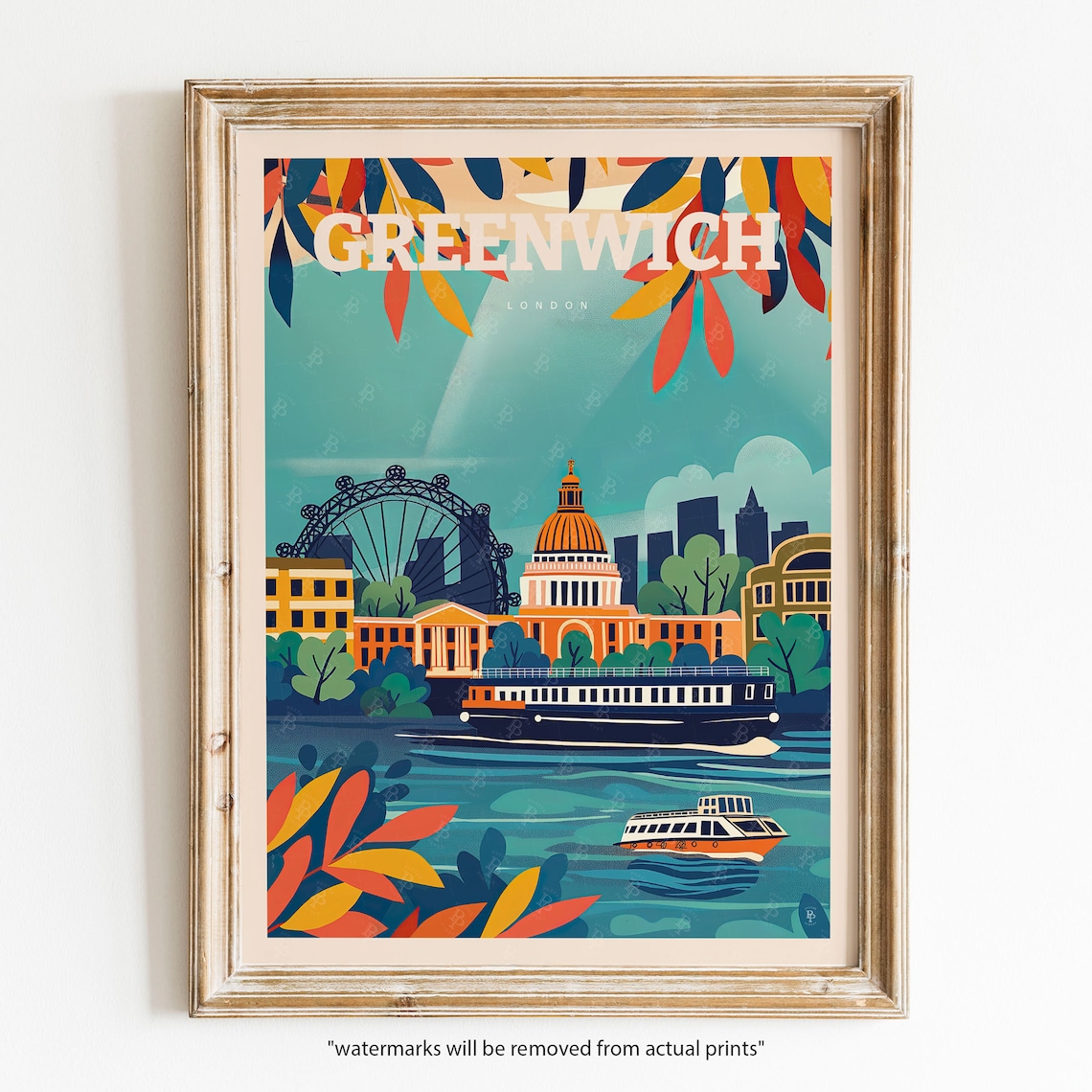 Greenwich London Eye Thames River Boats Bold Color Travel Poster