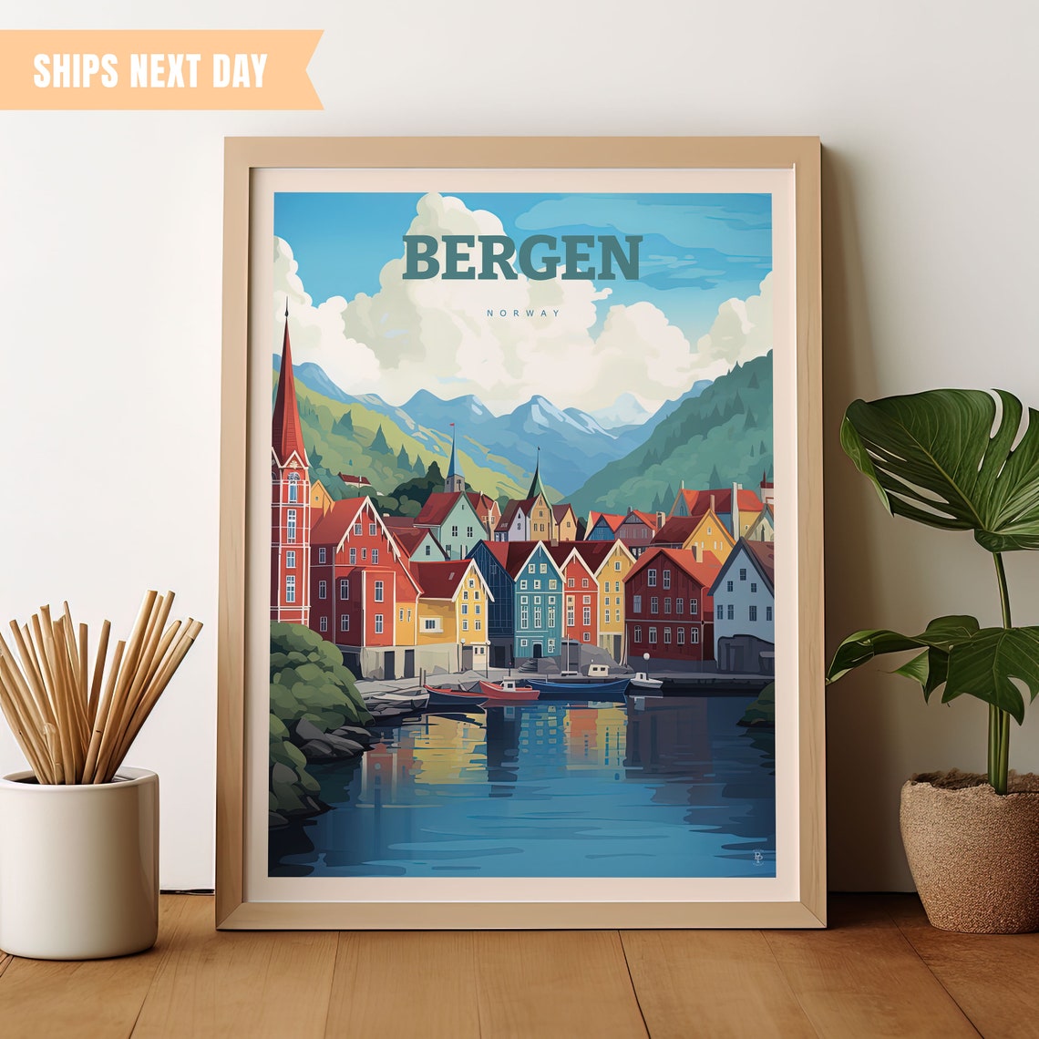 Bergen Norway Colorful Bryggen Harbor Waterfront Houses Travel Poster