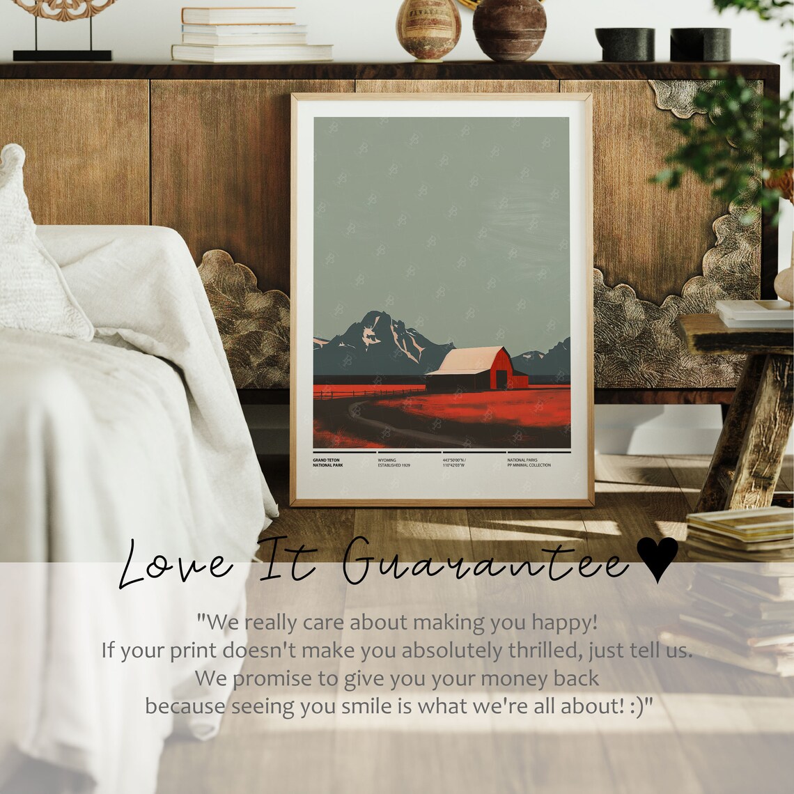 Grand Teton National Park Wyoming Red Barn Minimalist Art Print - Image 3