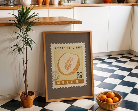 Italian Melon Stamp Poster Vintage Poste Italiane Kitchen Art