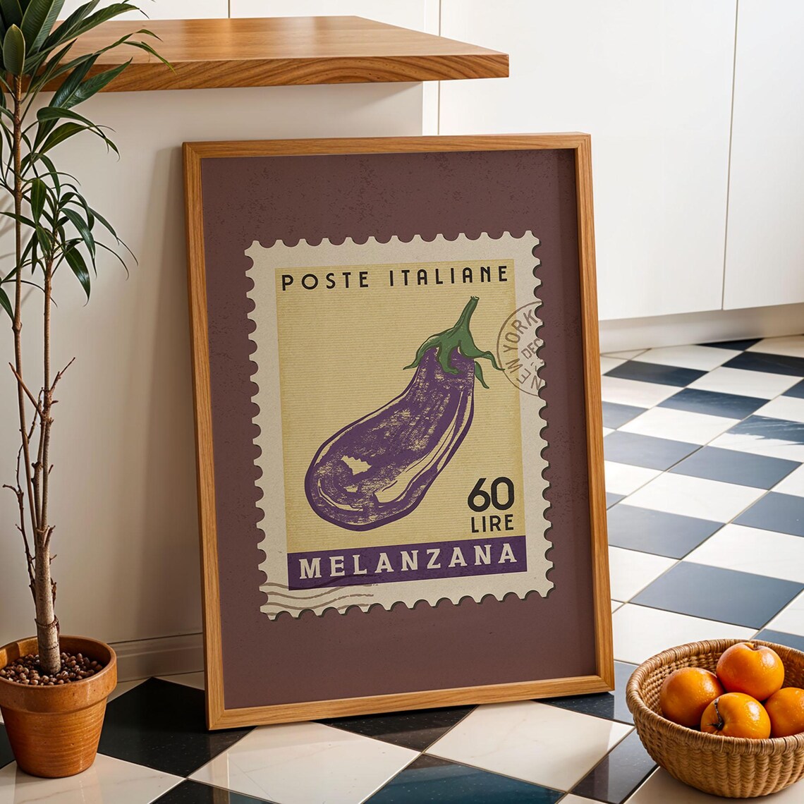 Eggplant Retro Stamp Poster, Italian Food Decor
