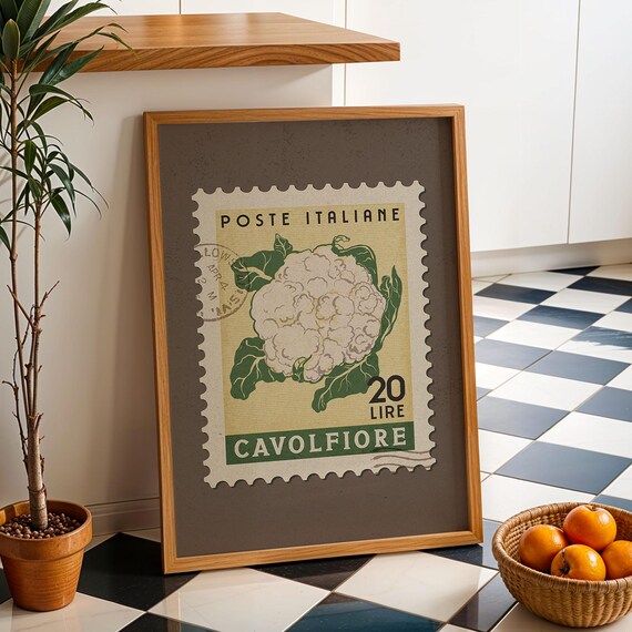 Cauliflower Italian Postage Stamp Retro Kitchen Vintage Food Poster