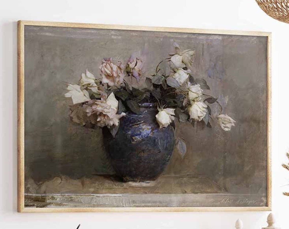 Dark Floral Still Life White Roses Vintage Oil Painting Poster