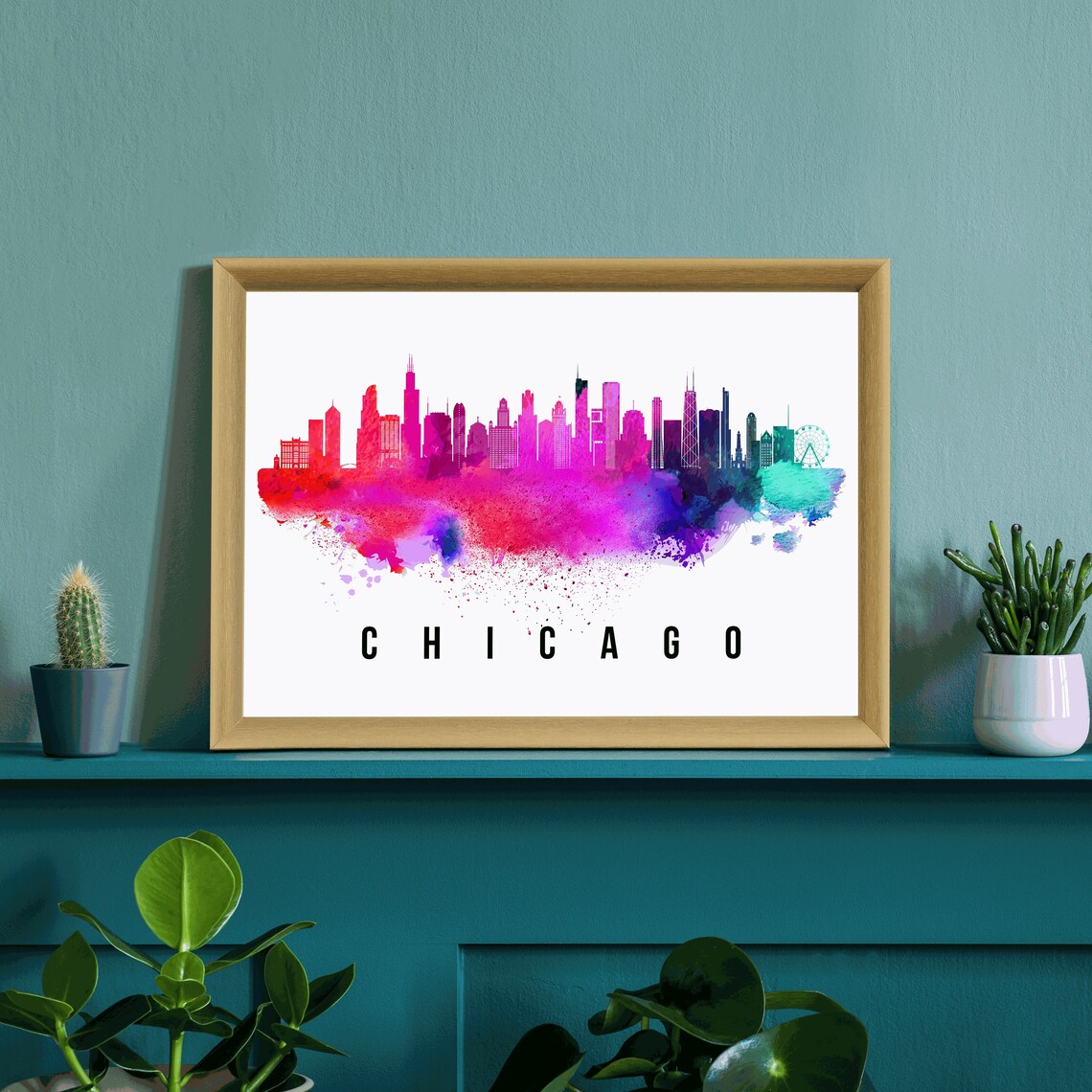 Chicago Illinois Magenta Watercolor Skyline Ferris Wheel Travel Poster - Image 3