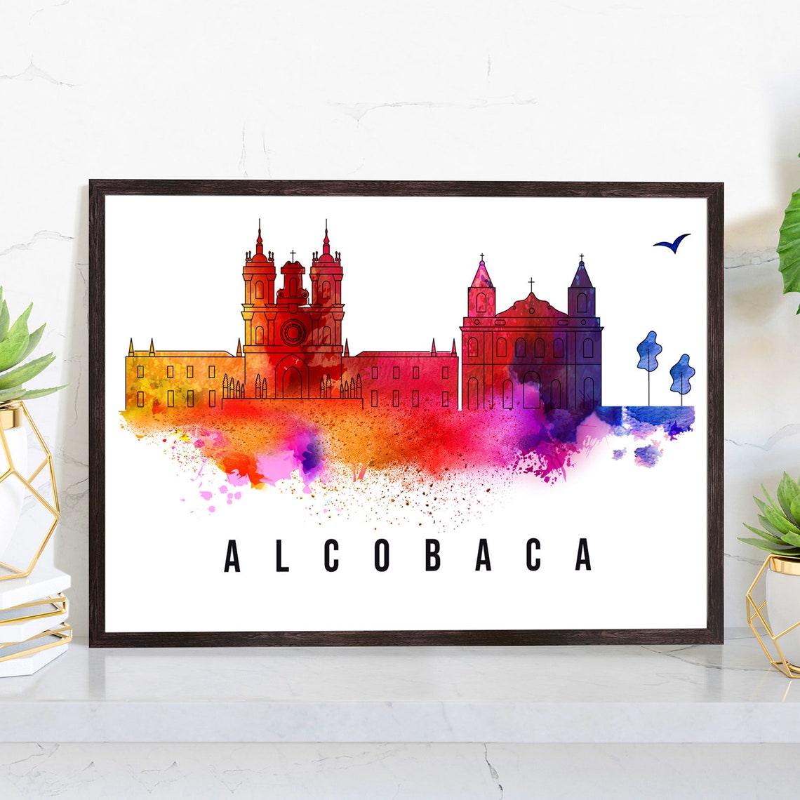 Alcobaca Portugal Poster Skyline Poster Cityscape Poster Portugal Landmark City Illustration Poster Home Wall Art Office Wall Art