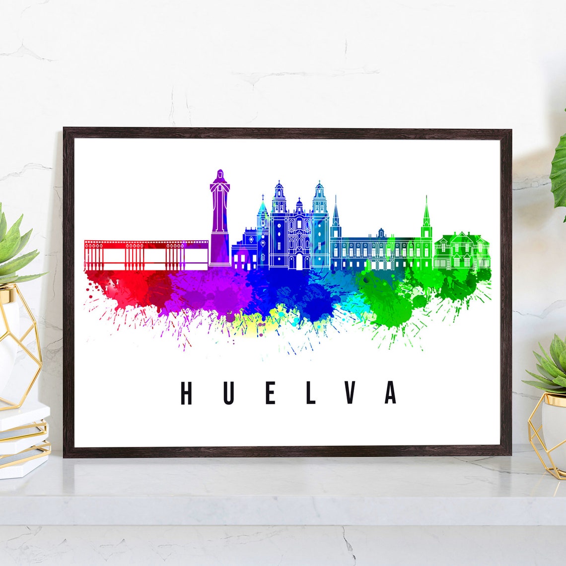 Huelva Spain Rainbow Watercolor Skyline Detailed Landmarks Art Poster