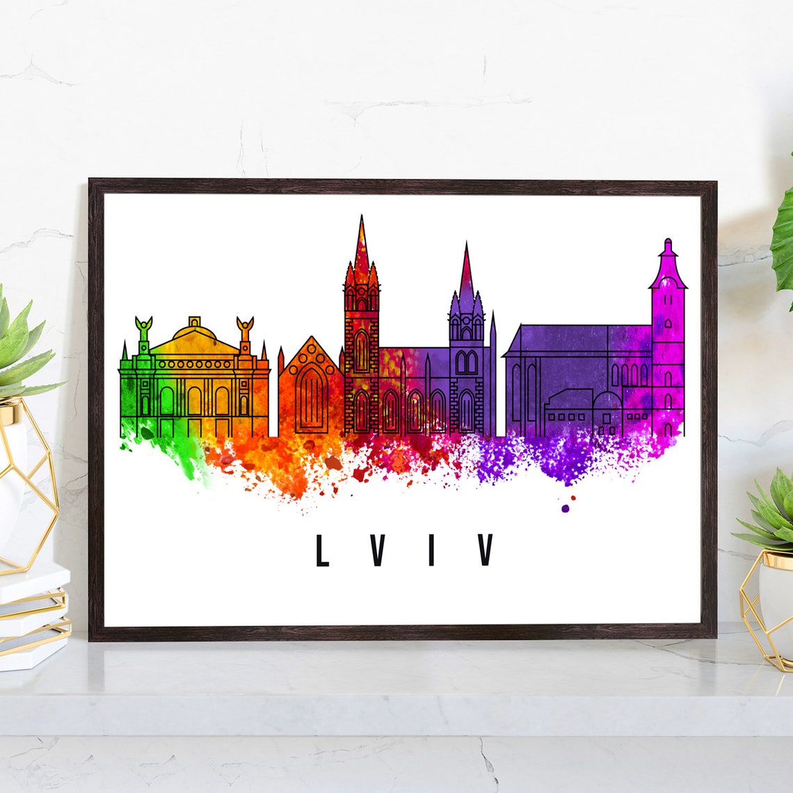 Lviv Ukraine Skyline Watercolor Poster with Old Town Churches View