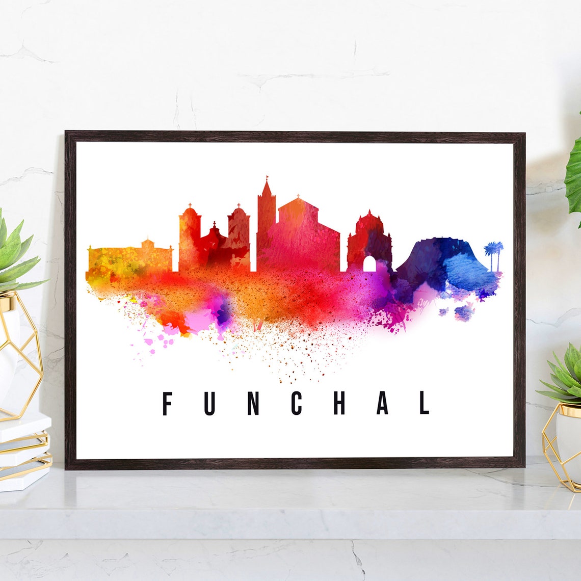 Funchal Portugal Poster Skyline Poster Cityscape Poster Portugal Landmark City Illustration Poster Home Wall Art Office Wall Art