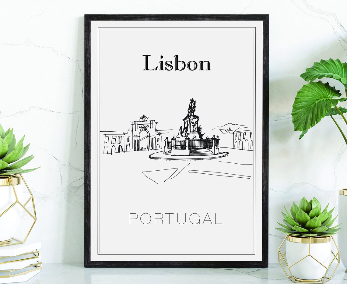 Lisbon Portugal Rossio Square Minimal Line Art Sketch Travel Poster