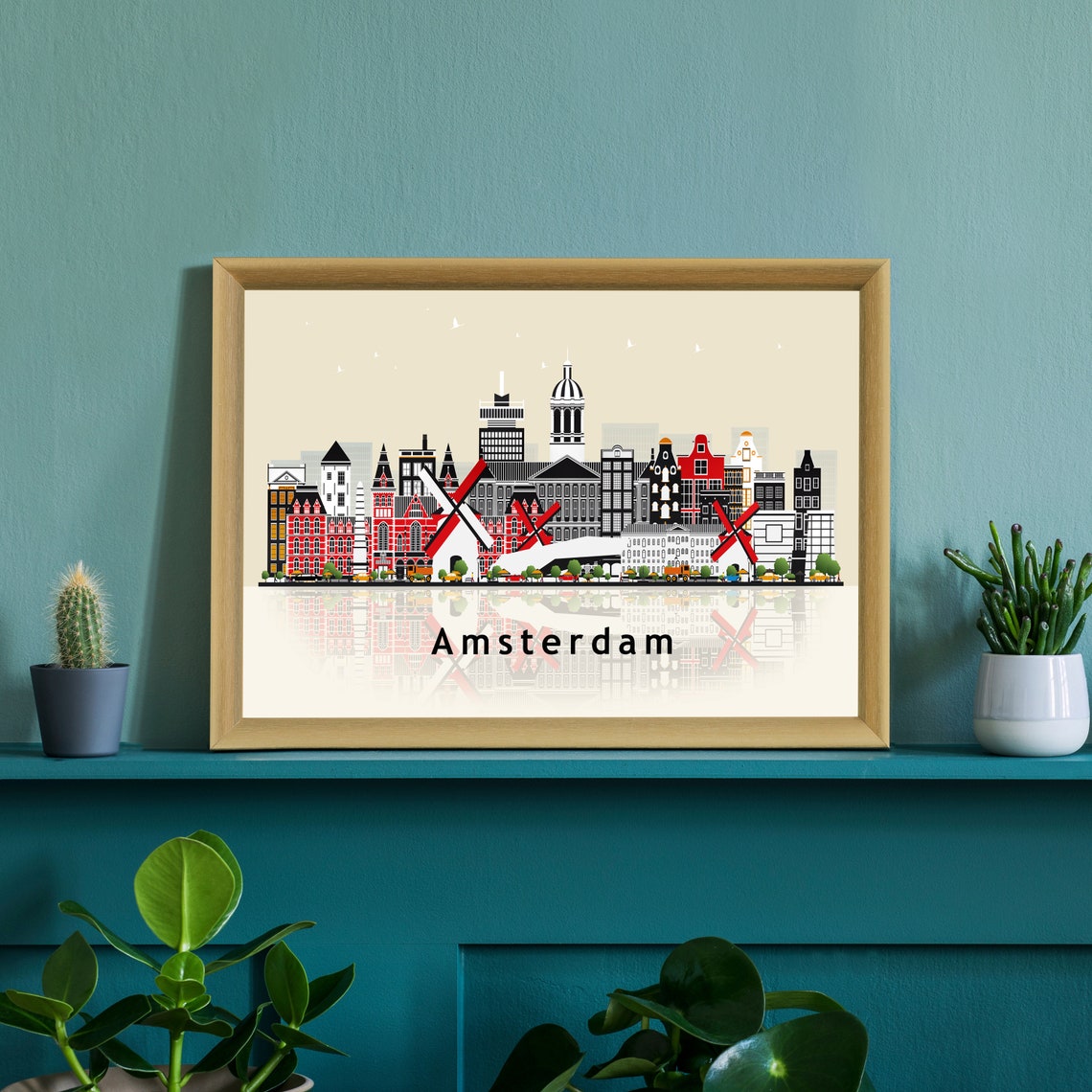 Amsterdam Netherlands Windmills Skyline Flat Vector Travel Poster - Image 2