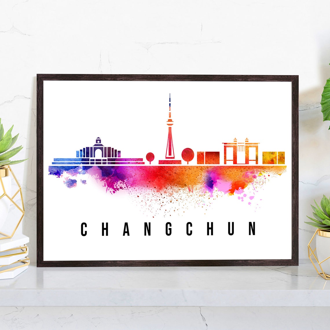 Changchun China Watercolor Skyline Tower Stadium Silhouette Wall Art