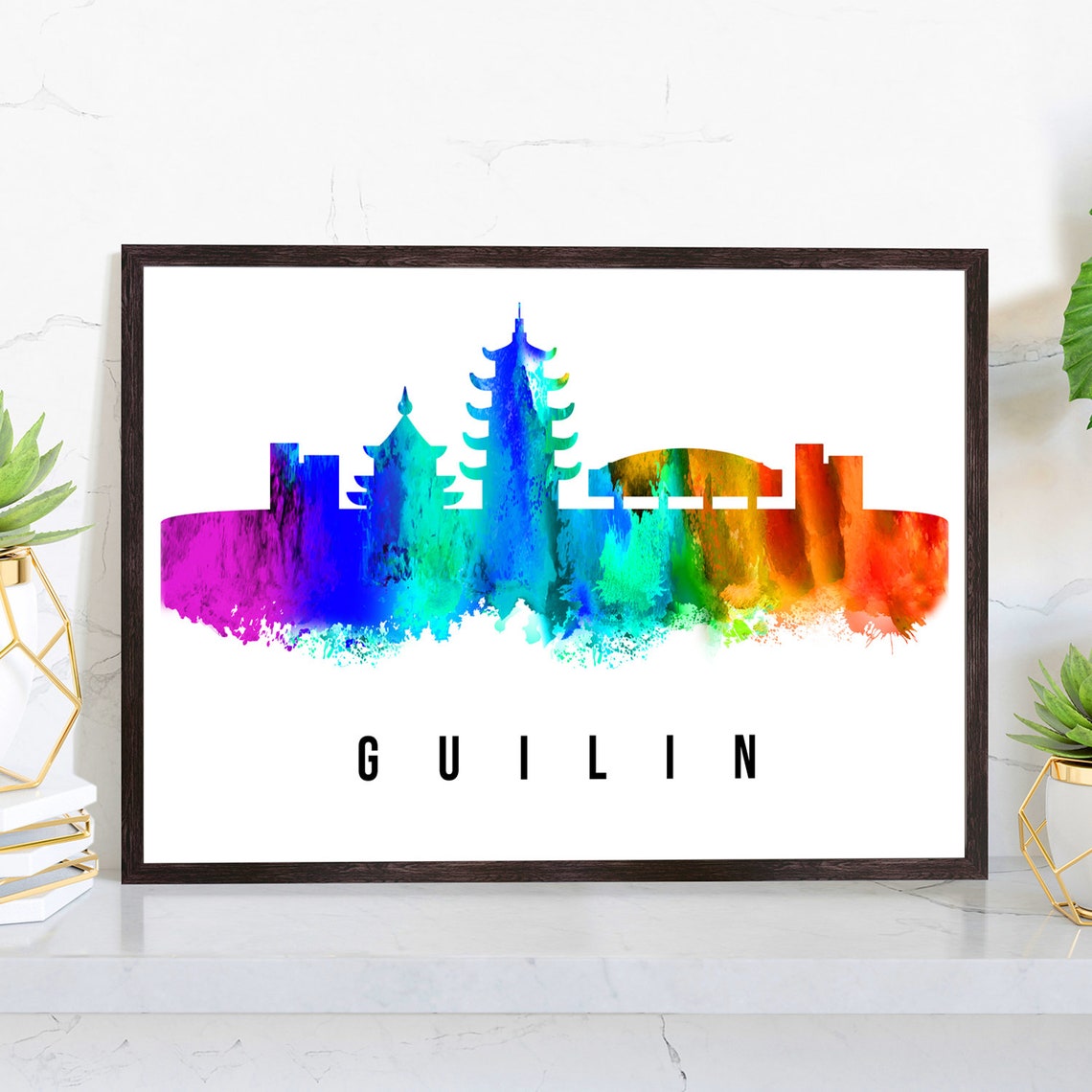 Guilin China Rainbow Watercolor Skyline Pagodas Cityscape Wall Art