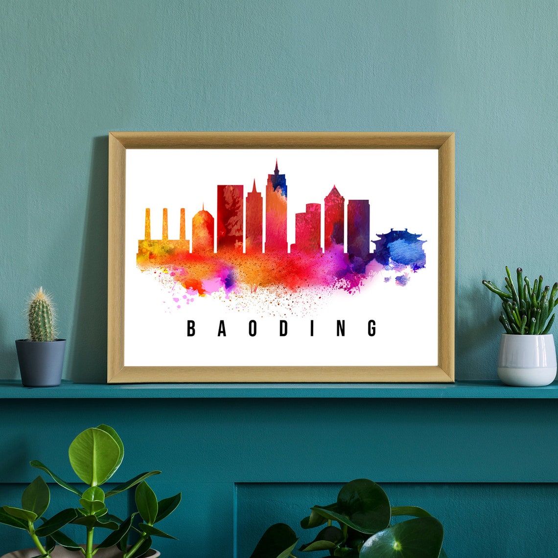 Baoding China Watercolor Skyline Rainbow Landmark City Travel Poster - Image 2