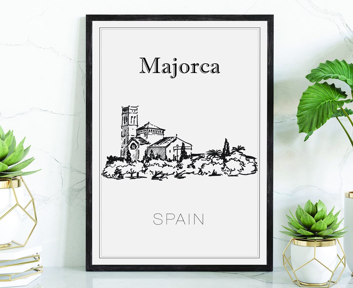 Majorca Spain Country Church Bell Tower Palms Hand Drawn Travel Poster