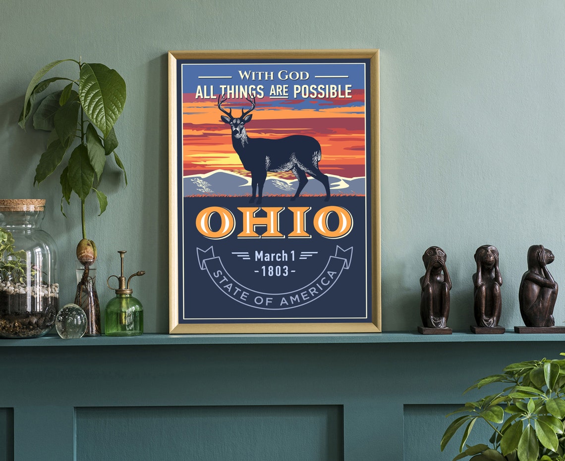 Ohio With God All Things Are Possible Deer Sunset State Poster Vintage - Image 3