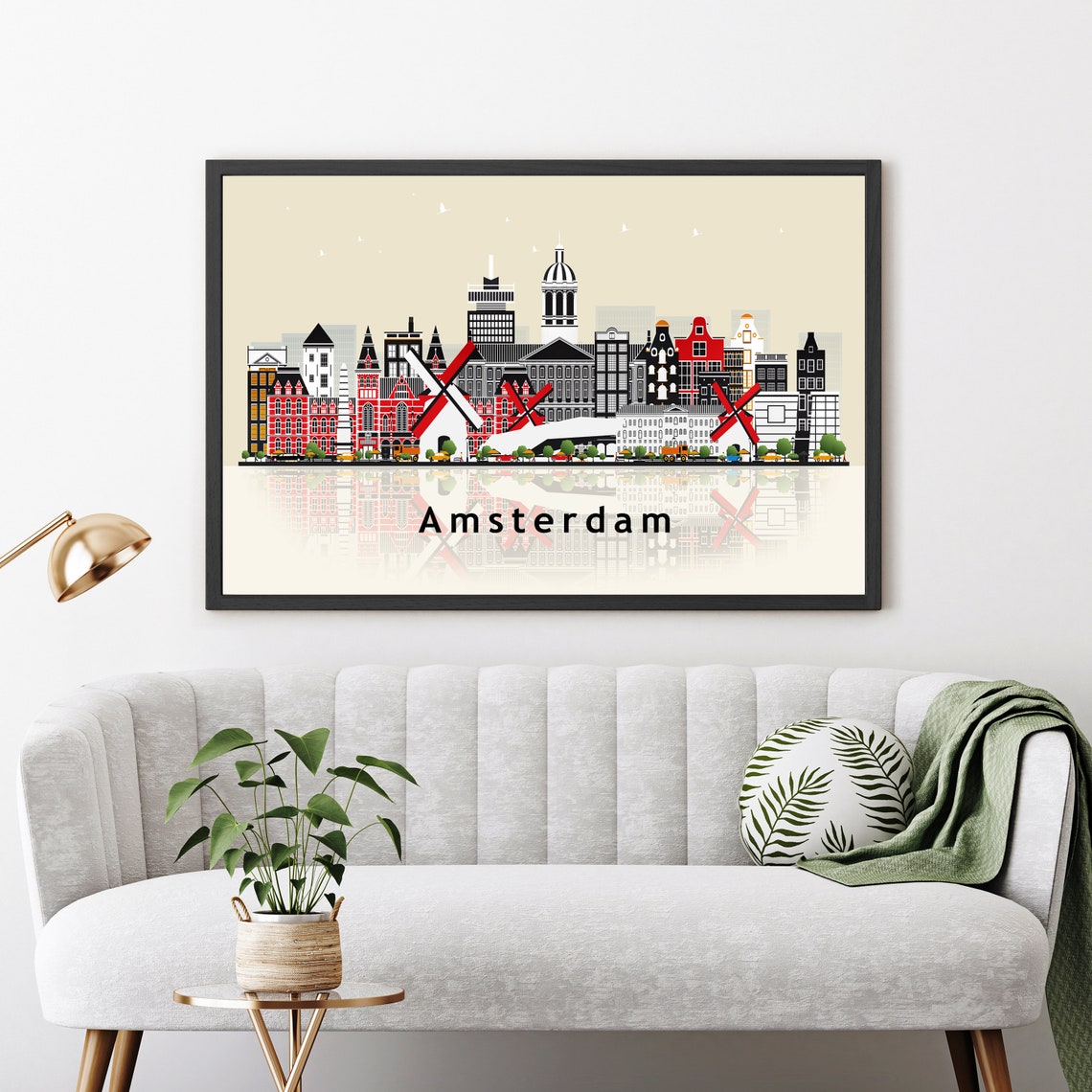 Amsterdam Netherlands Windmills Skyline Flat Vector Travel Poster - Image 3