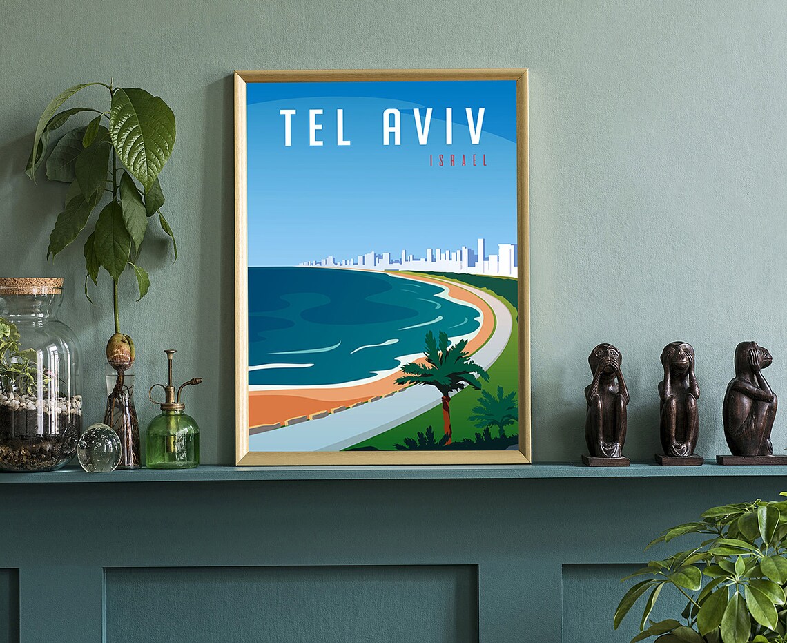 Tel Aviv Israel Mediterranean Beach Coastline Retro Travel Poster - Image 3