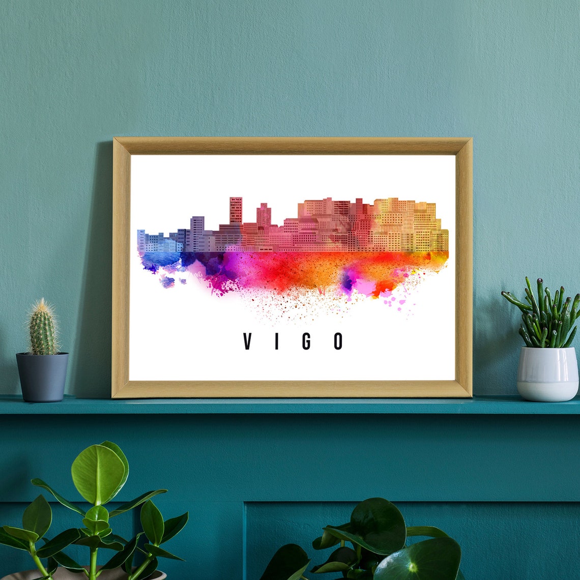 Vigo Spain Rainbow Watercolor Modern Skyline Silhouette Art Poster - Image 2