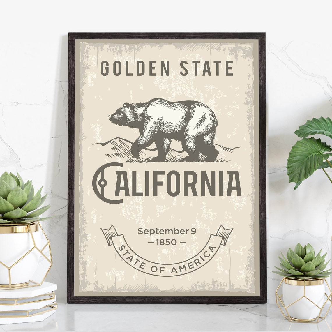 California Golden State Bear Emblem Vintage Retro State Wall Art