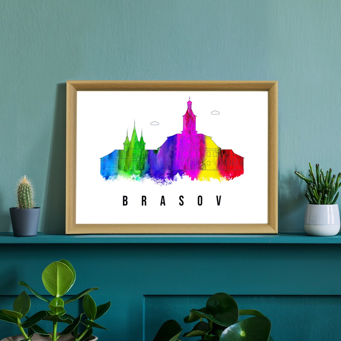 Brasov Romania Rainbow Watercolor Skyline Church Spires Poster - Image 2