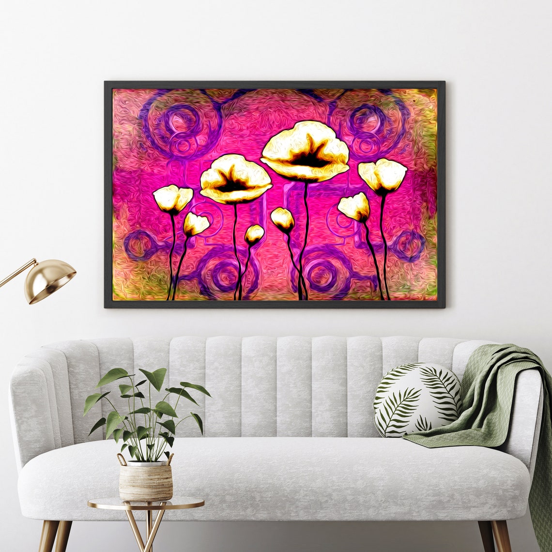White Poppies Magenta Swirl Background Modern Floral Wall Art - Image 4
