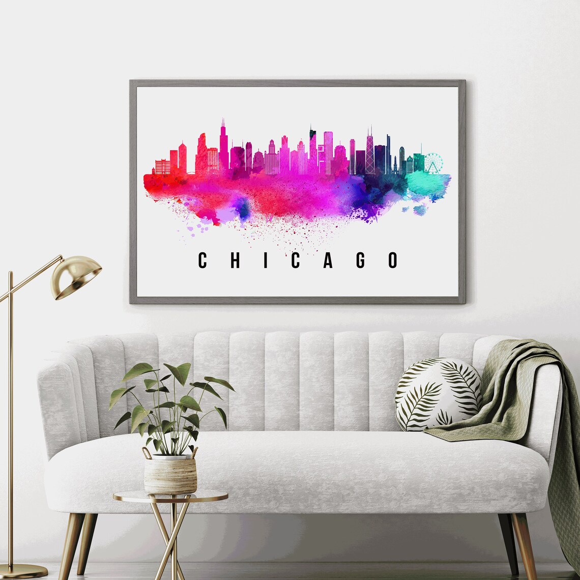 Chicago Illinois Magenta Watercolor Skyline Ferris Wheel Travel Poster - Image 4