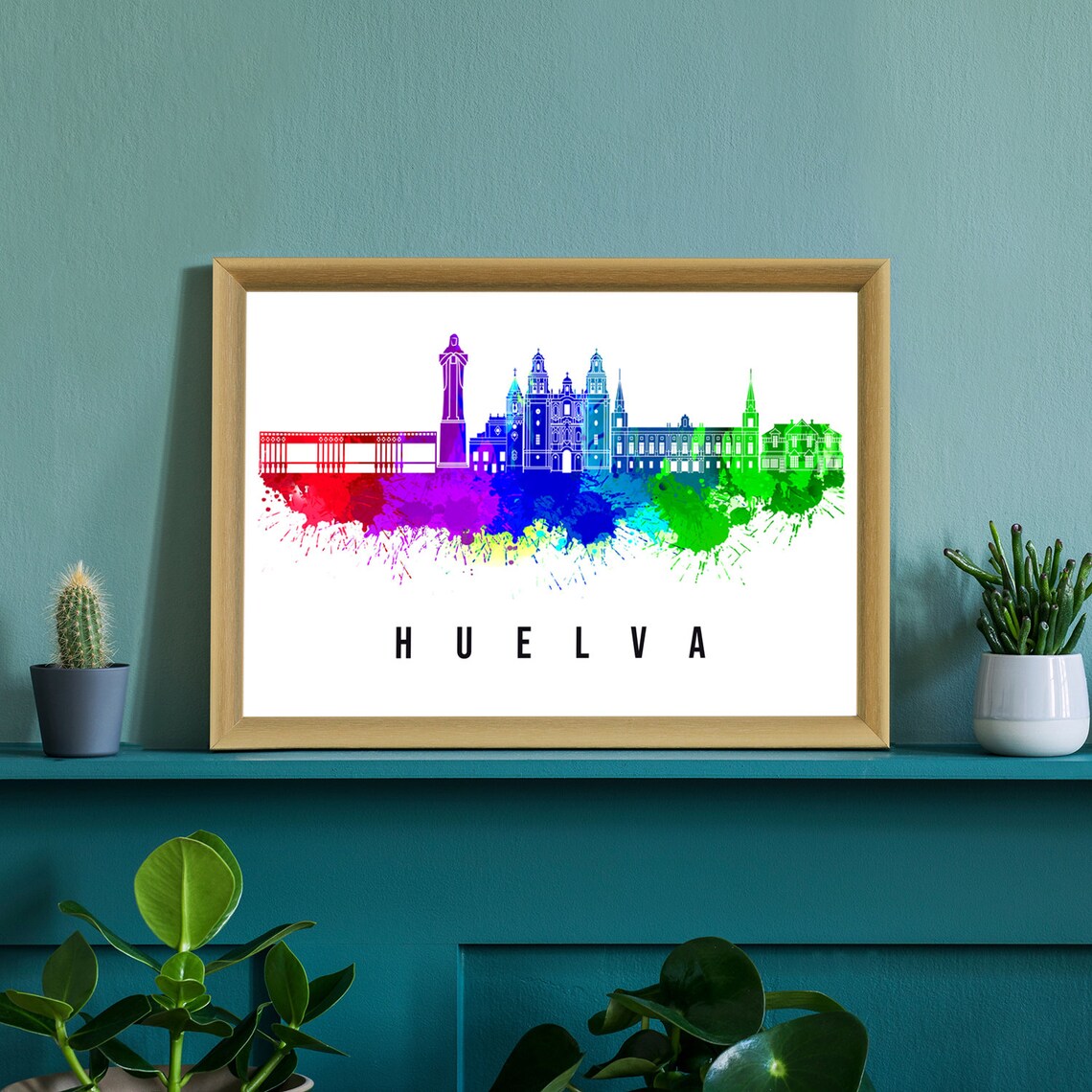 Huelva Spain Rainbow Watercolor Skyline Detailed Landmarks Art Poster - Image 2