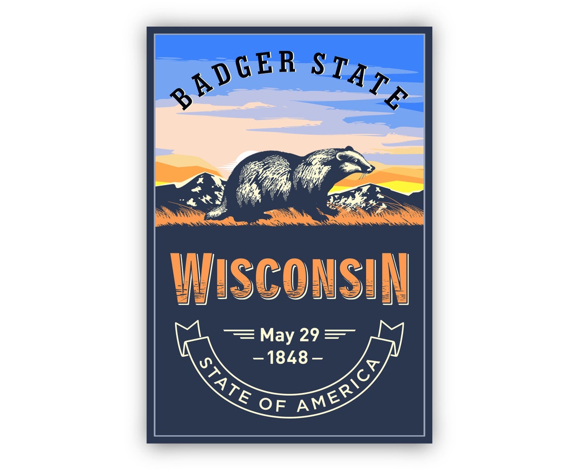 Wisconsin Badger State Emblem Retro Statehood Vintage Wall Art Poster - Image 2