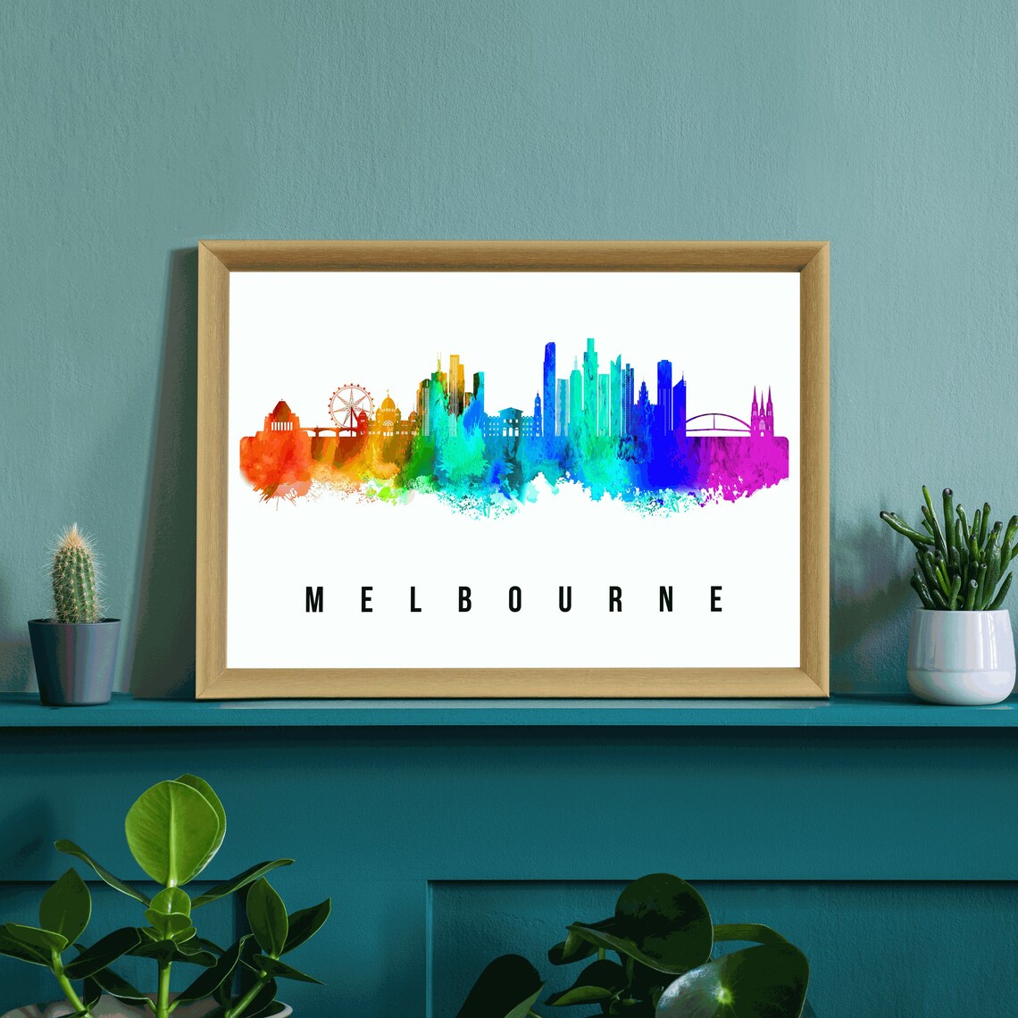 Melbourne Australia Rainbow Watercolor Skyline Travel Poster - Image 3