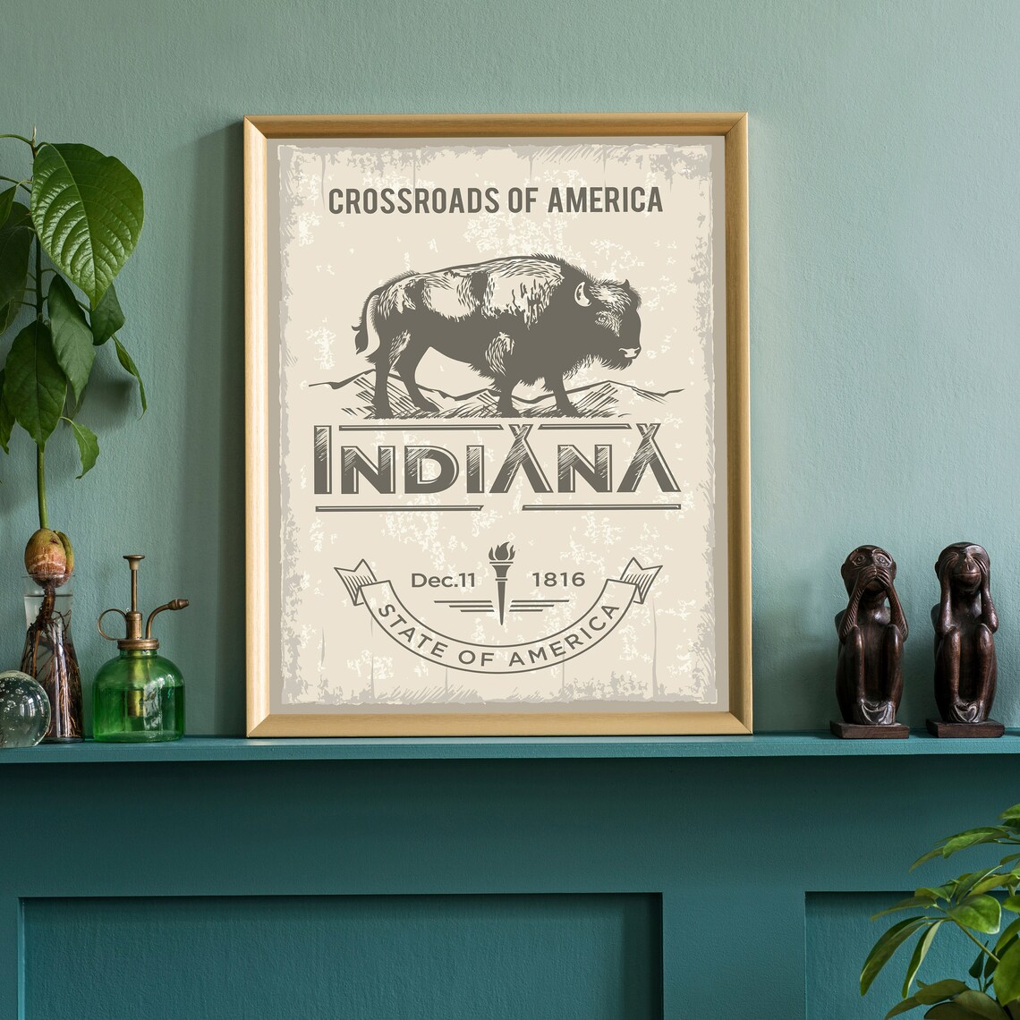 Indiana Crossroads of America Bison Vintage State Emblem Art Poster - Image 3