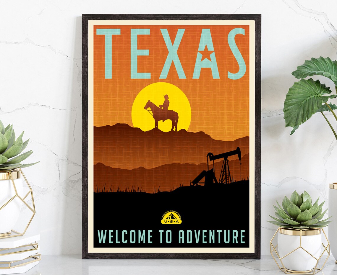 Texas Cowboy Sunset Silhouette Oil Field Retro Adventure Travel Poster