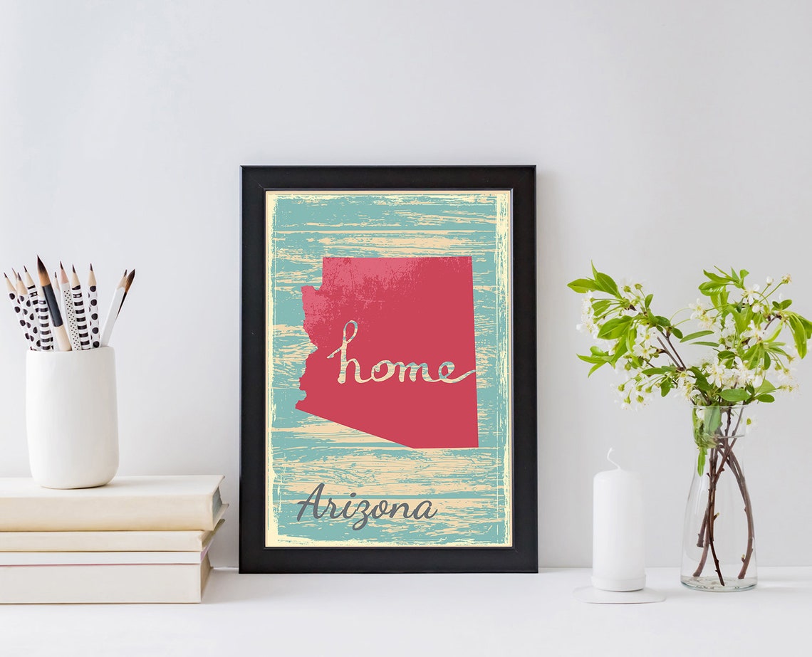 Arizona Home State Red Silhouette Vintage Distressed Teal Map Poster - Image 3