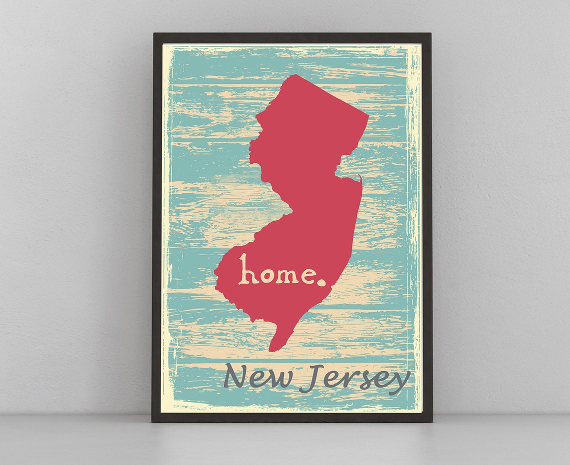 New Jersey Home State Silhouette Rustic Teal Coral Map Wall Poster