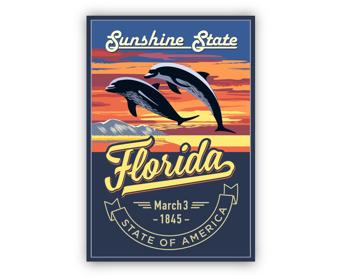 Florida State Emblem Retro Dolphins Sunshine State Travel Poster - Image 2