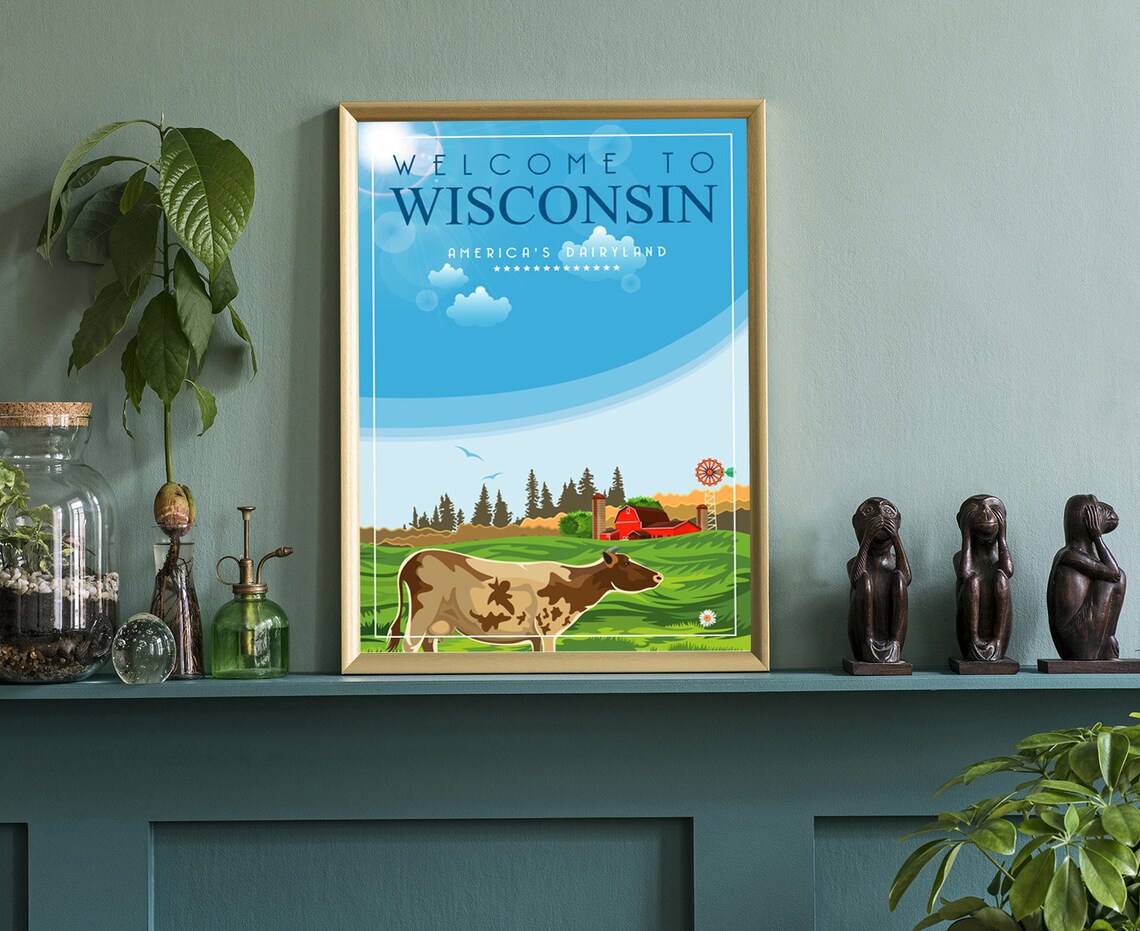 Wisconsin Americas Dairyland Cow Pasture Retro Vintage Travel Poster - Image 3