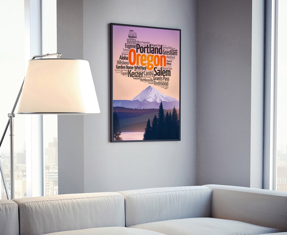 Oregon City Names Typography Sunset Mountain Landscape Travel Poster - Image 4