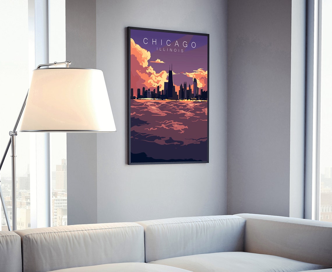 Chicago Illinois Retro Vintage Travel Sunset Skyline Waterfront Poster - Image 4