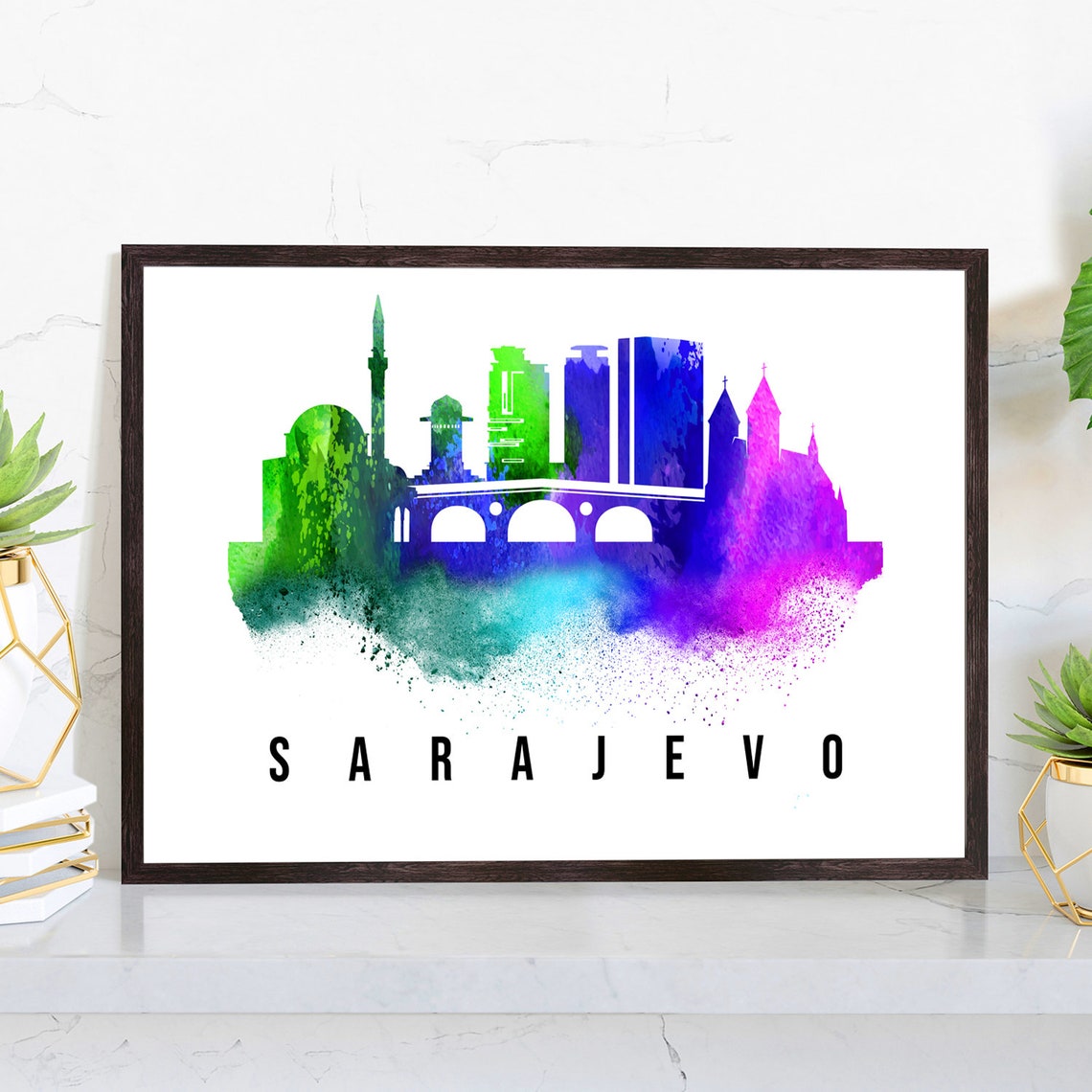 Sarajevo Bosnia Watercolor Skyline Rainbow Landmark Travel Wall Poster