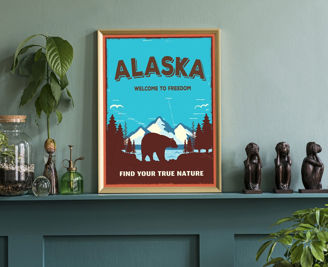 Alaska Bear Wilderness Mountains Retro Freedom Travel Poster - Image 3