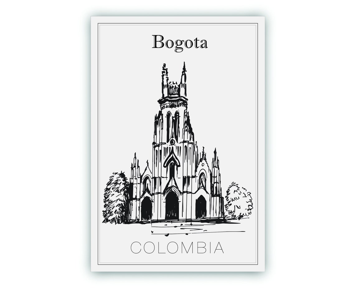 Bogota Colombia Neo Gothic Church Hand Drawn Ink Sketch Travel Poster - Image 2