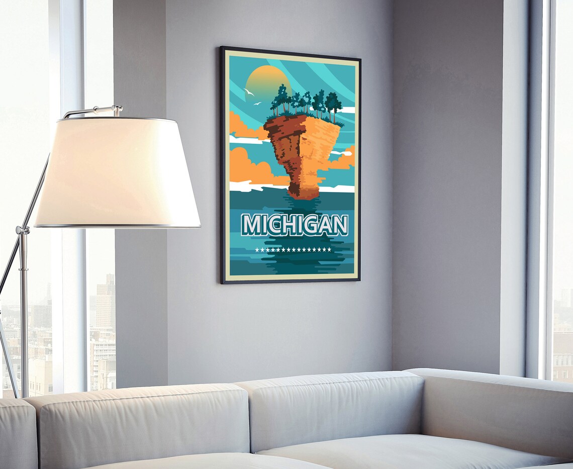 Michigan Retro Rocky Island Sunset Lake Vintage Travel Art Poster - Image 4