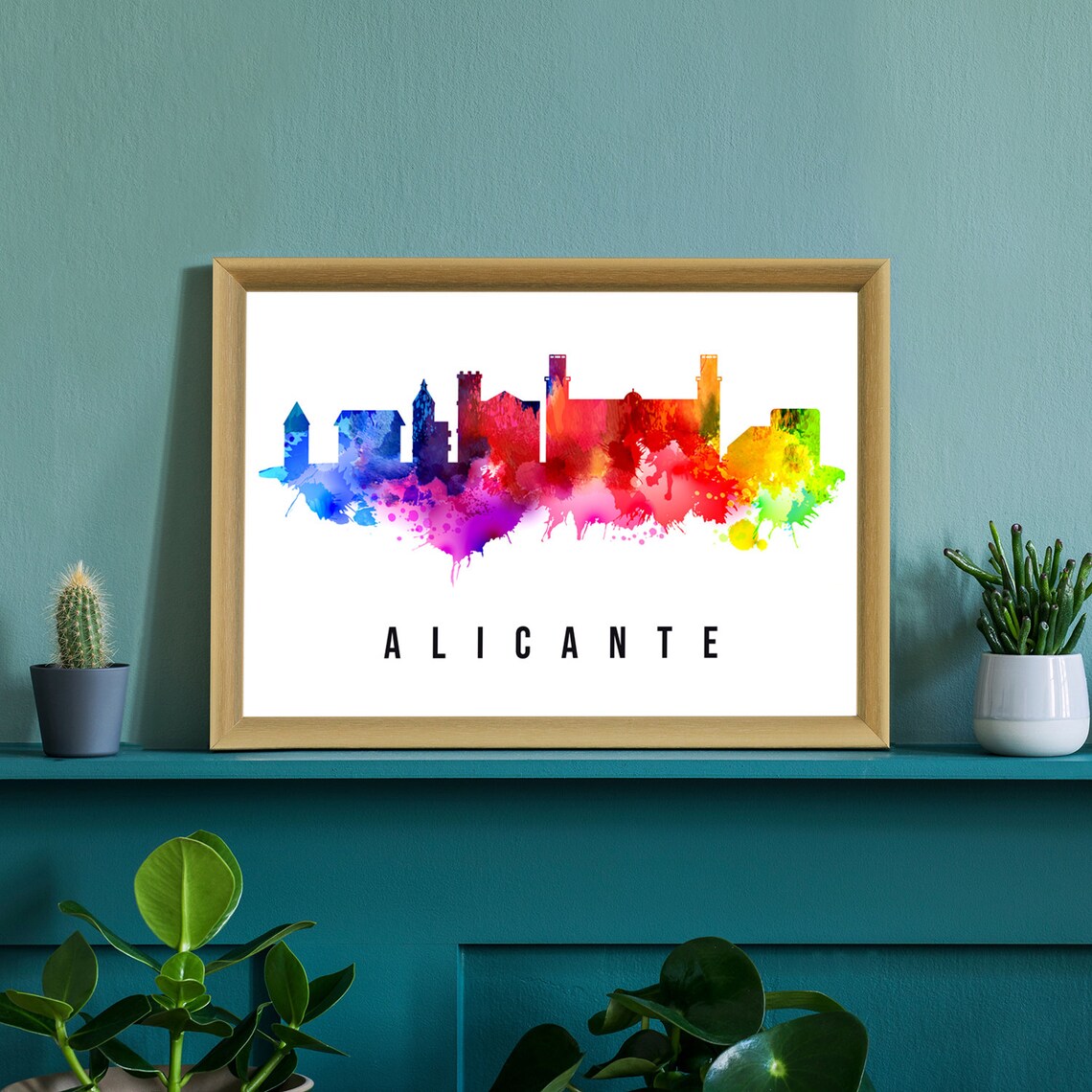 Alicante Spain Rainbow Watercolor Skyline Coastal Cityscape Art Poster - Image 2